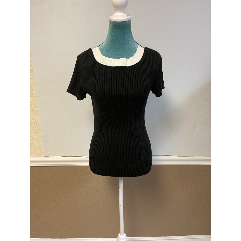Vintage Tommy‎ Hilfiger Y2K Ribbed Colorblock Top Black White Crewneck – Size S